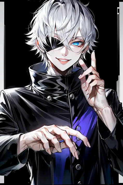 au \(d elete\), 1boy, bad id, bad pixiv id, black border, black jacket, blindfold, blindfold removed, blue eyes, border, colored eyelashes, crossed fingers, eyelashes, glowing, glowing eyes, gojou satoru, hair between eyes, hands up, high collar, highres, jacket, jujutsu kaisen, letterboxed, long sleeves, looking at viewer, male focus, parted lips, short hair, smile, solo, twitter username, upper body, white hair, ((masterpiece))   <lora:au_d_elete_offset:1>