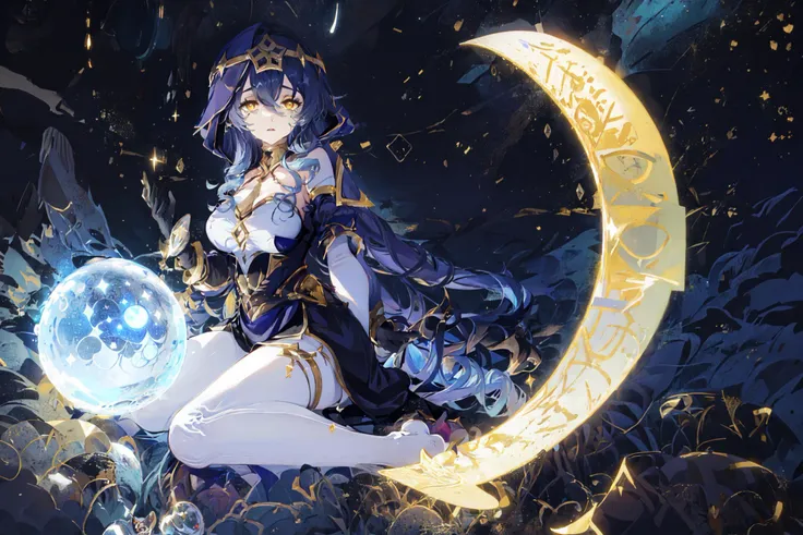 painting style,(masterpiece, ultra best quality, ultra detailed, best shadow,8k), (ultra best illumination, an extremely delicate and beautiful),(beautiful detailed face), high contrast,vivid, masterpiece, 1girl, solo, night,sky,shooting star,
,magic circle,high fantasy castle, many astrologer equipment, big armillary sphere, high fantasy astrologer dungeon,many stars,bright constellations,milky way,galaxy,high detail background, interstellar,
, large breasts,abs, perfect body, full body,sexy,
,dynamic angle, view from behind or side ,far distance viewpoint,
,<lora:layla_02:0.7>, layla, genshin impact, 1girl, blue hair, yellow eyes, lustrous skin, anime nose, (tareme:1.3, eyeliner, sharp eyelashes:1.2, solid eyelid), messy hair, unkempt, hair ornament, choker, thigh strap, (crying), distinct pupils,