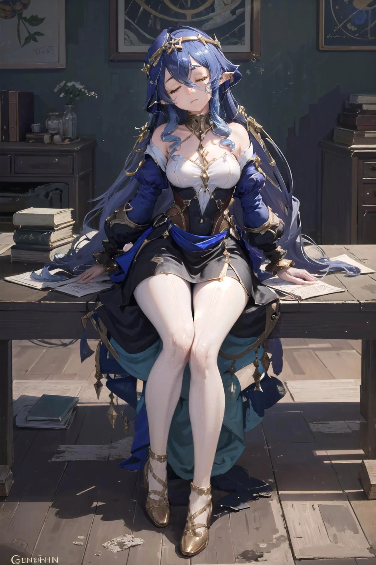 (highly detailed:1.3),(full body:1.3), 1girl,
<lora:layla_02:0.6>, layla, genshin impact, yellow eyes, blue hair,pointy ears,(sleepy:1.2),(half-closed eyes:1.1),studying, table,
Ultra-detail,(highres:1.1),best quality,(masterpiece:1.3),cinematic lighting,
(detailed face and eyes:1.3),