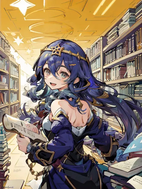 ((masterpiece, best quality)), (1girl), (solo), (female focus), happy smile, open mouth, running, looking back, library, holding book, upper body,
<lora:laylaGenshinImpact_layla:0.7>,