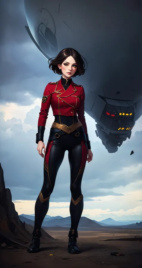 woman, solo, two-tone hair, heterochromia, soldier, 
([Kate Beckinsale|Elizabeth Hurley|Liv Tyler]:0.85), middle shot, ( [owler style|stanleylau style]:0.8), 
filmed in IMAX, [medium breast],
masterpiece, professional, high quality, beautiful, amazing, sci-fi, ConceptArtWorld, changpao, very short hair, ,
masterpiece, highres,  4k, detailed background, cloudy, (rusty:0.8), (by Sonia Delaunay:0.8), (by Dean Cornwell:0.8),