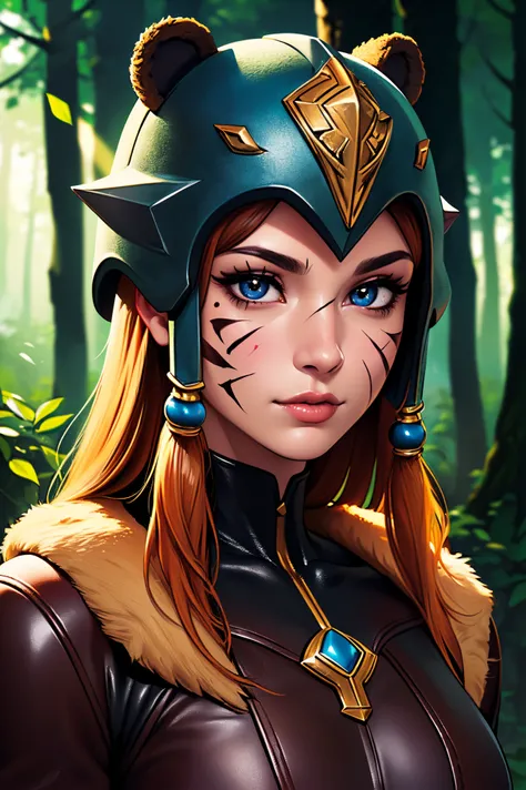 ((best quality)), ((masterpiece)), (detailed), beautiful face, female Barabrian, Scar on eyes, tribal mark on face, bear leather suit, detailed bear helmet, contrasting soft skin, (lighting:1.2), Medium shot portrait, 4:3 aspect ratio,
Forest background