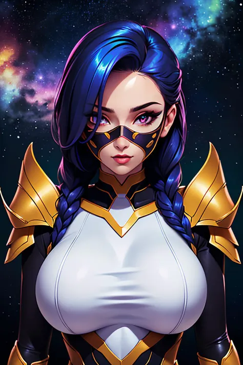 ((best quality)), ((masterpiece)), (detailed), (portrait shot), front view, sharp focus, 4:3 aspect ratio, Natural volumetric lights, soft ligthing,
Solo, woman, looking at viewer, Slim curvy body, large breast,
Guardian, long iridescent rubis color braided hair, Galactique sexy armor, Galatic mask,
Galaxy  background