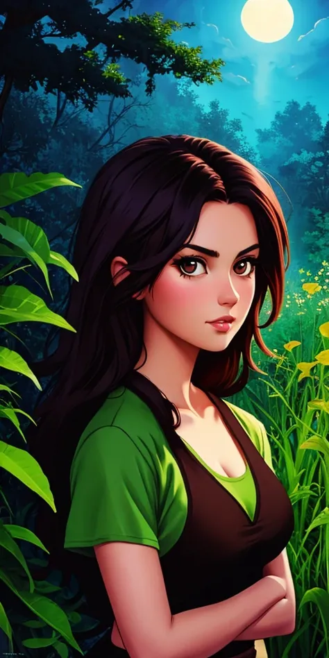 a masterpiece, award winning, best quality, portrait of an exciting young woman, perfect face, upper body, (art by Ross Draws:1.3),art by RHADS, [Physically based render, Unity Engine, Sots art,close up of a Noble Despicable skinny Dominican Female Cartographer, Straight hair, background is Organic Jungle, at Nighttime, Light, specular lighting, F/14, Electic Colors, symbolism::7]