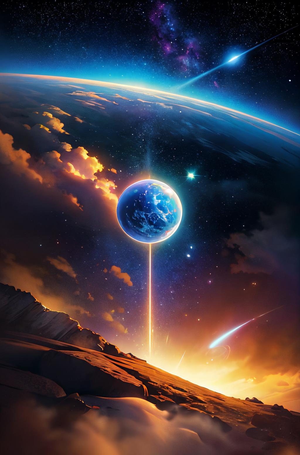 A view of the earth from space with a bright light shining on it ...
