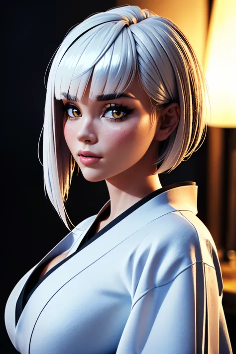 8K, (masterpiece*high detailed*highres), (portrait shot), front view, sharp focus, RedShift style, (3D:1.5), Natural volumetric lights, soft ligthing,
Solo, mature woman, looking at viewer, Slim Curvy body, large breast,
Straight bob with side-swept bangs, White Hairs color,
Kimono,
Black unicolor background