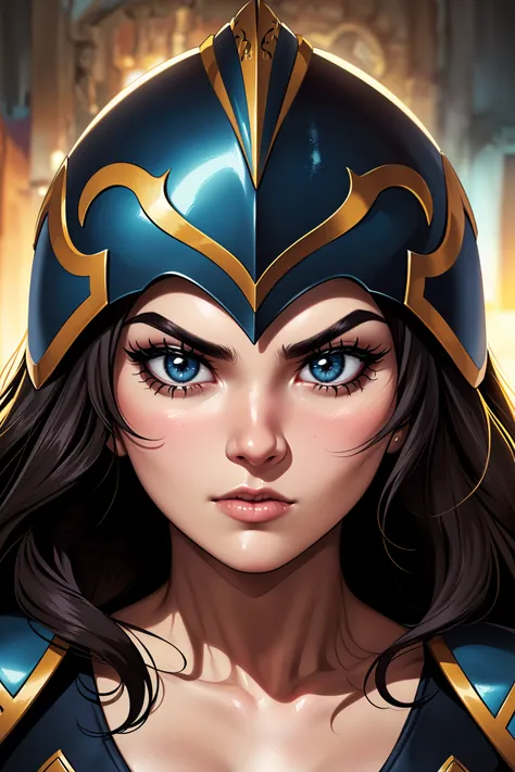 ((best quality)), ((masterpiece)), (detailed), beautiful face, female warrior, (defiance512:1.2), big eyes, heavy black iron armor, detailed helmet, intense gaze, battle-ready, contrasting soft skin, (lighting:1.2), close-up portrait, 4:3 aspect ratio