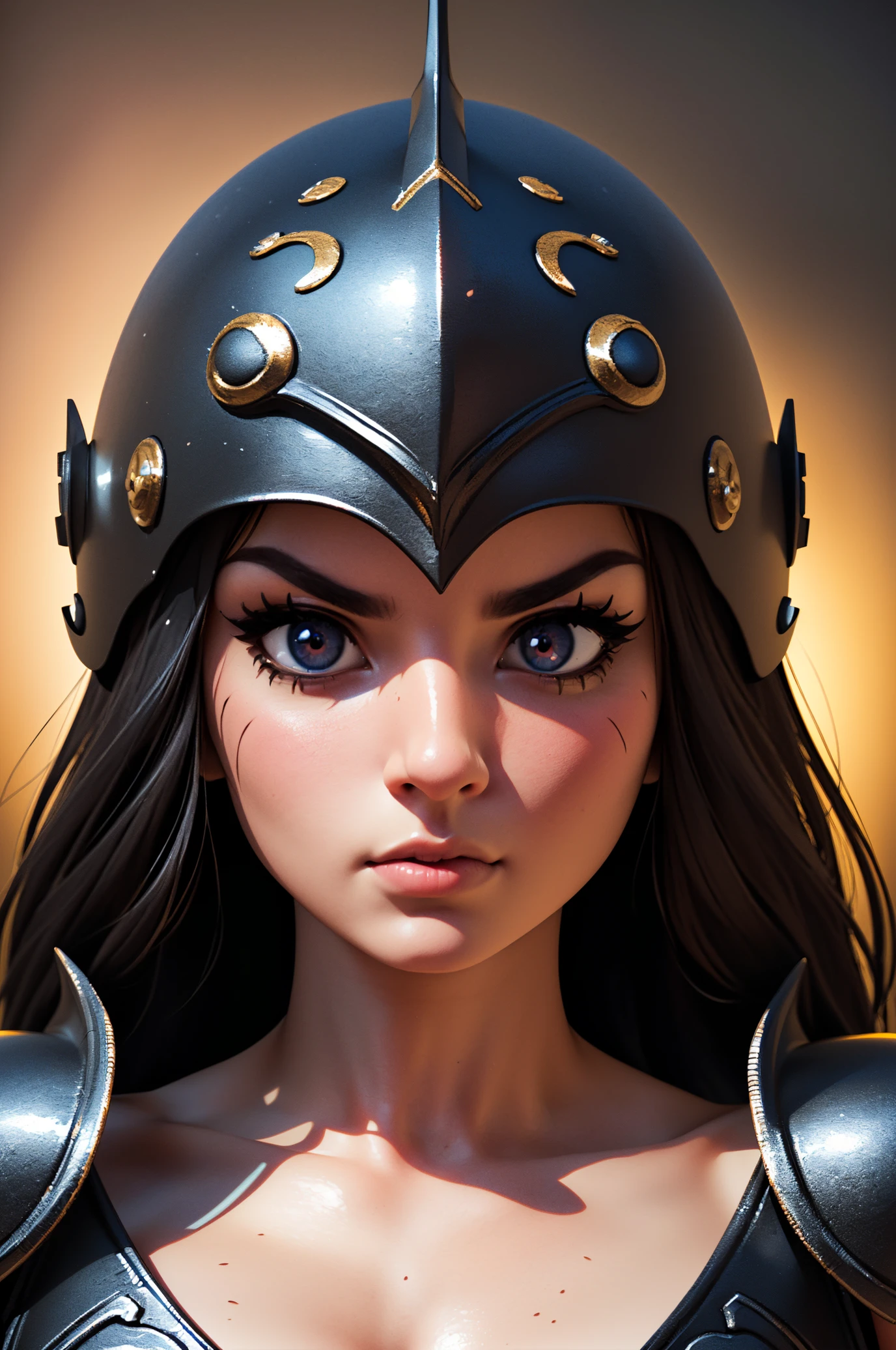 ((best quality)), ((masterpiece)), (detailed), beautiful face, female warrior, big eyes, heavy black iron armor, detailed helmet, intense gaze, battle-ready, contrasting soft skin, (lighting:1.2), close-up portrait, 4:3 aspect ratio, (3D:1.4)