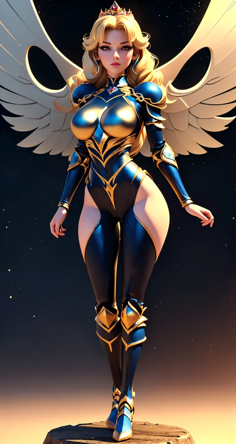 ((best quality)), ((masterpiece)), (detailed), (portrait shot), front view, sharp focus,  4:3 aspect ratio,  RedShift style, (3D:1.4), Natural volumetric lights, soft  ligthing,
Solo, woman, looking at viewer, Slim curvy body, large breast,
Princess, long  iridescent blonde braided hair, Galactique sexy armor, Galatic wings, (mythical), (swirling energy),
BREAK