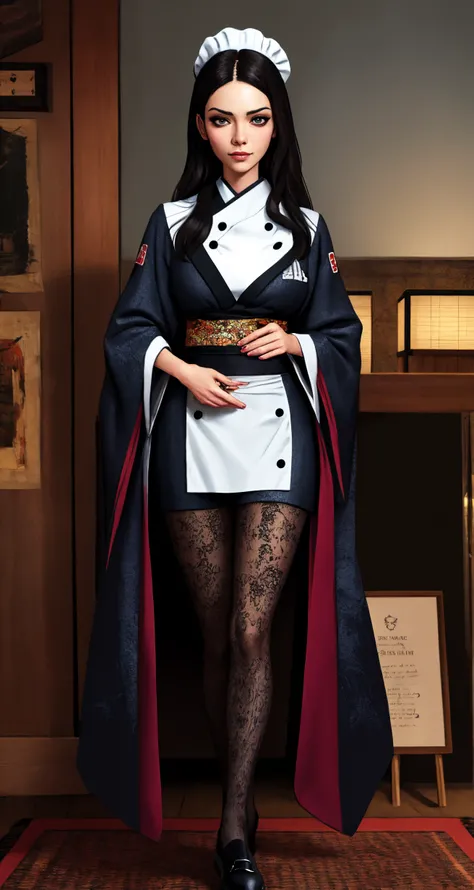 woman, solo, colored tips, squinted eyes, chef, 
([Olga Kurylenko|Heidi Klum|Shakira]:0.85), middle shot, ( [stanleylau style|owler style]:0.9), 
hyperrealism, [round breast],
masterpiece, professional, high quality, beautiful, amazing, steampunk, cgsociety, japanese clothes, very long hair, ,
masterpiece, highres,  4k, detailed background, natural, (evil:0.8), (by Esao Andrews:0.9), (by El Greco:0.9),