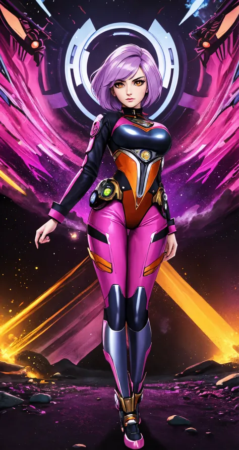 woman, solo, light purple hair, orange eyes, actor, 
([Karen Gillan|Anna Kendrick|Julianne Hough]:0.85), middle shot, ( [cherrmous style|cherrmous style]:0.9), 
[(colorful explosion psychedelic paint colors:1.21)::0.20],
visionary hypermaximalism, [humble breast],
masterpiece, professional, high quality, beautiful, amazing, dieselpunk, ArtStation, rash guard, short hair, 
masterpiece, highres,  4k, detailed background, metallic, (epic:0.8), by Edward Lear, by Asher Brown Durand,