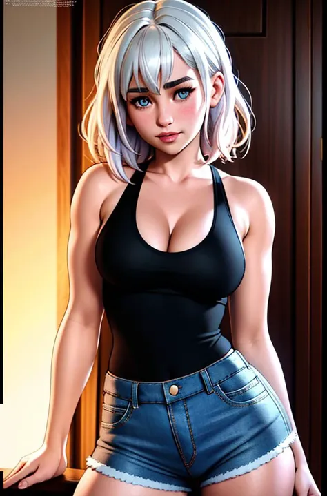 Un primer plano de Serena williams hermosa con un top y leggings, grandes y exquisito senos, tiene una mirada encantadora y una cintura perfecta, Obra maestra, 8k, escote, tetas grandes, ella me sonrie, Yo le propondre matrimonio, She agrees, gran belleza y cuerpo exquisito, posando en la cama