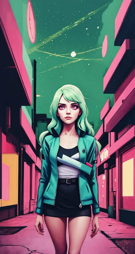 woman, solo, light green hair, pink eyes, artist painter, 
([Reese Witherspoon|Kristen Bell|Liv Tyler]:0.85), middle shot, ( [owler style|owler style]:0.8), 
Impasto painting, [humble breast],
masterpiece, professional, high quality, beautiful, amazing, cyberpunk, Getty Images, Jacket, absurdly long hair,
masterpiece, highres,  4k, detailed background, minimalist, (witty:0.8), by Victo Ngai, by Simon Stalenhag,