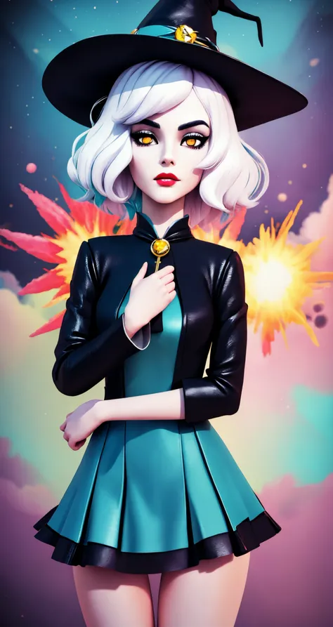 woman, solo, white hair, white eyes, witch, 
([Emma Watson|Famke Janssen|Shania Twain]:0.85), middle shot, ( [uodenim style|samdoesart style]:0.9), 
flat shading, [perky breast],
masterpiece, professional, high quality, beautiful, amazing, dark fantasy, ConceptArtWorld, Tutu, short hair, (3d:1.2),
[:(colorful explosion psychedelic paint colors:1.1):0.10],
masterpiece, highres,  4k, detailed background, blue, (cromulent:0.8), by Will Eisner, by Kelly Freas,