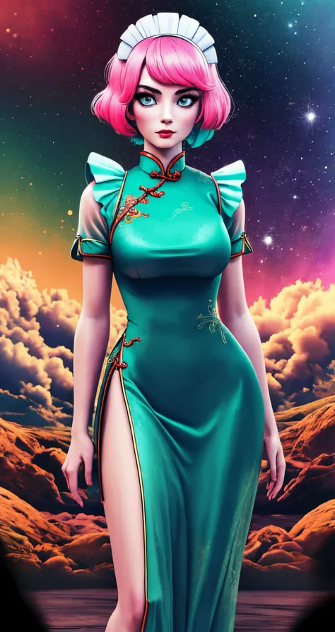 woman, solo, translucent hair, sparkling eyes, maid, 
([Karen Gillan|Evangeline Lilly|Olga Kurylenko]:0.85), middle shot, ( [owler style|verism style]:0.9), 
1950s pulp sci-fi cover, [round breast],
masterpiece, professional, high quality, beautiful, amazing, vintage, ConceptArtWorld, china dress (cheongsam/qipao), very short hair, (3d:1),
[:(colorful explosion psychedelic paint colors:1.1):0.10],
masterpiece, highres,  4k, detailed background, pretty, (matte:0.8), by Bruce Pennington, by William Stout,
