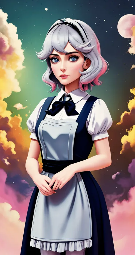 woman, solo, alternate hair color, blue-gray eyes, butler, 
([Ashley Greene|Emmanuelle Chriqui|Natalie Portman]:0.85), middle shot, ( [stanleylau style|owler style]:0.9), 
Gouache Painting, [hanging breast],
masterpiece, professional, high quality, beautiful, amazing, medieval, DeviantArt, Apron, medium hair, (3d:1.1),
[:(colorful explosion psychedelic paint colors:1.1):0.10],
masterpiece, highres,  4k, detailed background, rich, (shaky:0.8), by Edgar Degas, by Peter Helck,