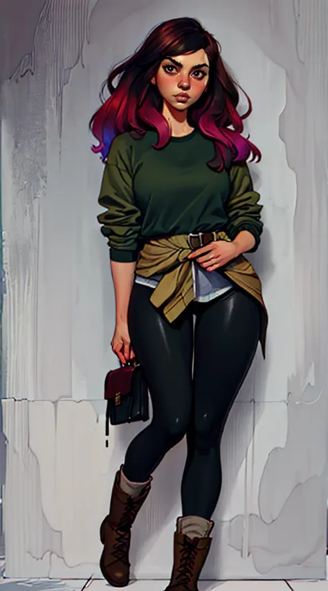 8K, (best quality, masterpiece, high resolution:1.3), (detailed:1.2), distinct image, ((portrait shot)), ((photogenic, rule of thirds)), RAW photo, (realistic art style:1.2), sharp focus, deep colors, deep shadows, natural lips, highly detailed skin, long flowing hair, (dark green jacket, graphic t-shirt, black leggings, brown work boots), satchel, (painted background, splashed paint wall, colourful:1.2), art by greg rutkowski, <lora:loish:1.0>,