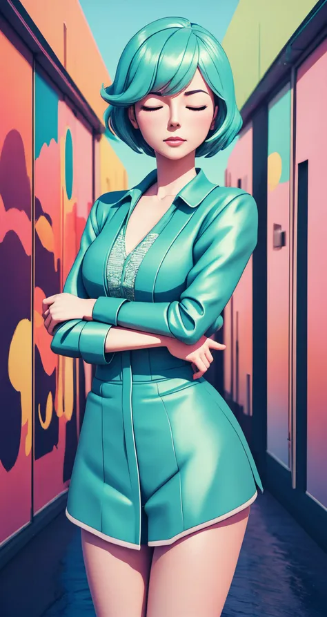 woman, solo, aqua hair, closed eyes, politician, 
([Jaclyn Smith|Michelle Monaghan|Vanessa Hudgens]:0.85), middle shot, ( [verism style|cherrmous style]:0.9), 
Perspective painting, [tiny breast],
masterpiece, professional, high quality, beautiful, amazing, vintage, 500px, Negligee, very short hair, (3d:1.2),
[:(colorful explosion psychedelic paint colors:1.1):0.10],
masterpiece, highres,  4k, detailed background, smart, (retrofuturistic:0.8), by Dreamworks, by Jakub Rozalski,