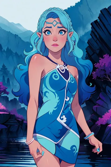 (NaidaRiverheart:1.5), (blue hair, blue eyes, long wavy hair), light blue to dark blue gradient hair, (realistic:1.2), (masterpiece:1.2), (full-body-shot:1),(Cowboy-shot:1.2), neon lighting, dark romantic lighting, (highly detailed:1.2),(detailed face:1.2), (gradients), colorful, detailed eyes, (detailed landscape:1.2), (natural lighting:1.2), solo, 1girl, <lora:LEGOElvesNaida-10:0.8> <lora:add_detail:0.3> <lora:BeautifulEyes:0.6>