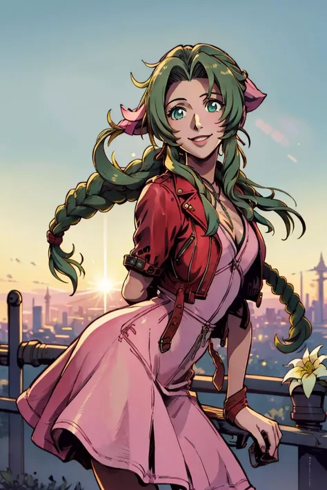 Aerith Gainsborough, pink dress, green eyes, yellow flowers, red leather jacket, Final Fantasy VII, (best quality, masterpiece:1.4), ultra high res, sunrise, midgar, sunshine, smile, urban<lora:aerith-nvwls-v1-final:1><lora:aerith-nvwls-v1-final:1><lora:aerith-nvwls-v1-final:1><lora:aerith-nvwls-v1-final:1>