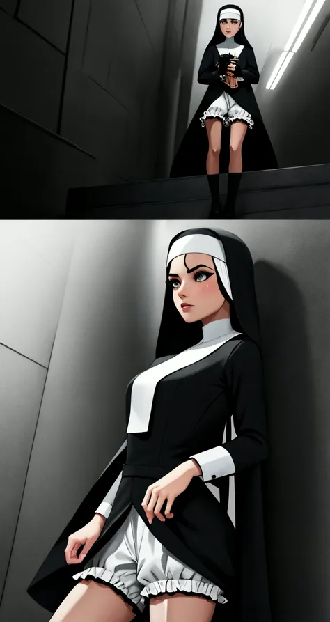 woman, solo, streaked hair, gray eyes, nun, 
([Emily Ratajkowski|Elle Macpherson|Victoria Justice]:0.85), middle shot, ( [samdoesart style|stanleylau style]:0.9), 
Playstation 5 screenshot, [medium breast],
masterpiece, professional, high quality, beautiful, amazing, film noir, 500px, Bloomers, big hair, 
masterpiece, highres,  4k, detailed background, dramatic, (puny:0.8), by Alex Katz, by Giovanni Battista Piranesi,