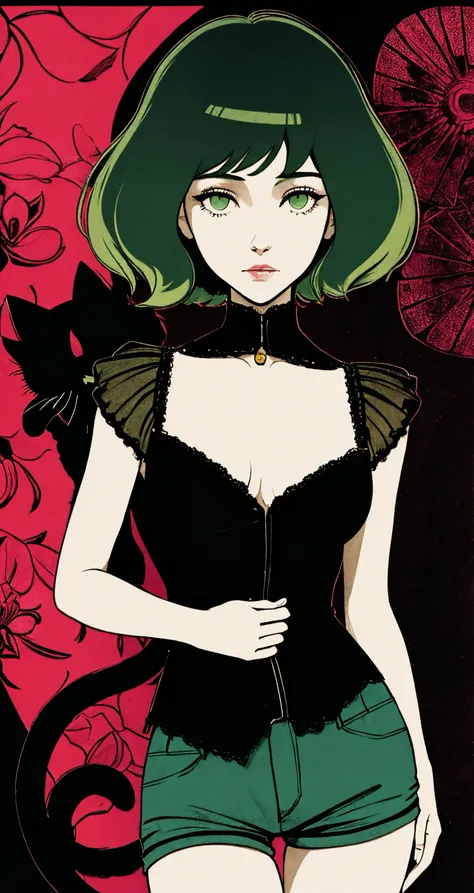 woman, solo, dark green hair, cat eyes, shepherd, 
([Diane Lane|Selena Gomez|Jessica Alba]:0.85), middle shot, ( [puffy lips|uodenim style]:0.8), 
2d game art, [medium breast],
masterpiece, professional, high quality, beautiful, amazing, weird west, Behance, micro shorts, very short hair, 
masterpiece, highres,  4k, detailed background, shadowy, (smart:0.8), by Milton Glaser, by Margaret Macdonald Mackintosh,
