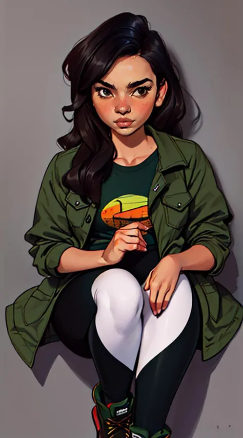 8K, (best quality, masterpiece, high resolution:1.3), (detailed:1.2), distinct image, ((portrait shot)), ((photogenic, rule of thirds)), RAW photo, (realistic art style:1.2), sharp focus, deep colors, deep shadows, natural lips, highly detailed skin, long flowing hair, (dark green jacket, graphic t-shirt, black leggings, work boots), <lora:loish:1.0>,