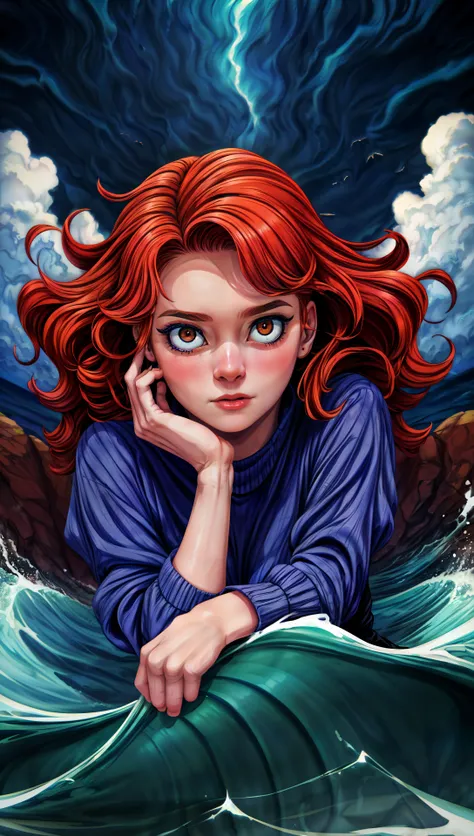 <lora:add_detail:1.5>,8K,(best quality:1.3),(masterpiece:1.3),(detailed:1.2),distinct image,(Cowboy shot),BREAK,Solo,looking at viewer,A young woman,with fiery red,curly hair that's flying in the wind,sitting in a small boat in the midst of a turbulent,stormy sea. The boat is rocking back and forth,and the waves are crashing all around her,but she looks calm and collected. She's posing for a portrait,with the focus on the upper half of her body. Her outfit is simple but elegant,and her expression is serene,almost like she's at peace with the chaos around her. Despite the rough waters,she exudes a quiet confidence that's both captivating and inspiring,