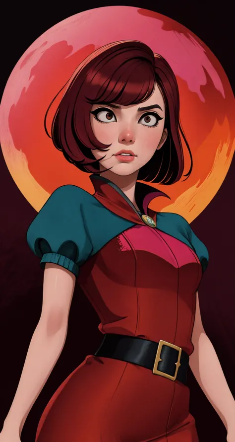 Short chubby young adult female with heterochromia one amber eye, one blue eye, wearing pink dress with strawberries on it, has flowing brown hair, has bunny ears, solo, alone