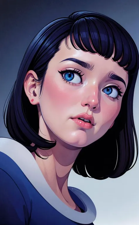 head tilted to the side  of Anime kaya scodelario, cute-fine-face, black-hair, blue eyes, pretty face, realistically shaded, Perfect face, fine details,realistic shaded lighting by Ilya Kuvshinov, katsuhiro otomo, ghost-in-the-shell, magali villeneuve, artgerm, rutkowski, WLOP, Jeremy Lipkin, Giuseppe Dangelico Pino, Michael Garmash, Rob Rey