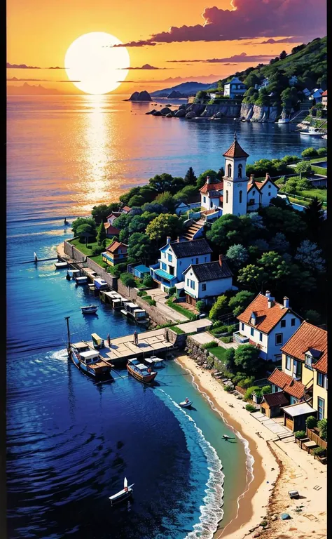 Land Art, Serene and tranquil, A sun-drenched coastal village, with colorful houses and fishing boats dotting the shore, practical light, graphic light, separation light