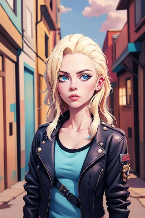 cute punk rock girl, mad max black jacket, renaissance, blonde, blue eyes, (young billie piper:0.2), loose hair in mane, out-of-focus background, alleys, hyperrealistic style, oil painting, fantasy by Olga Fedorova