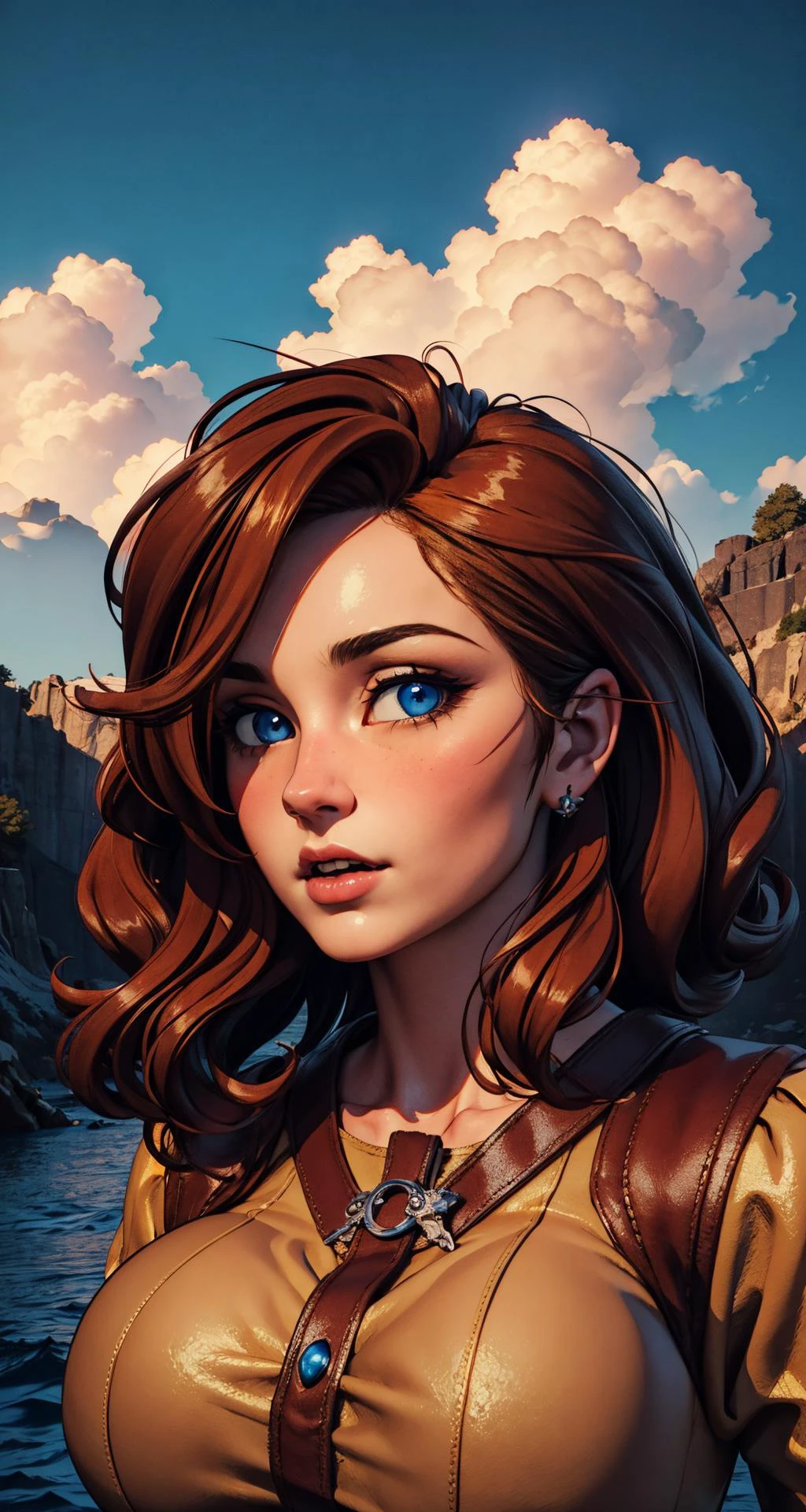 8K, (best quality:1.3), (masterpiece:1.3), (detailed:1.2), distinct image, (portrait), redshift style, (3D:1.3),
Solo, looking at viewer, impressive expression, Tapered body, ((Low-profile breast)), Square face, Vintage Waves Caramel Brown hairs, Sky Blue eyes, Pirate costume,
natural volumetric lighting,
