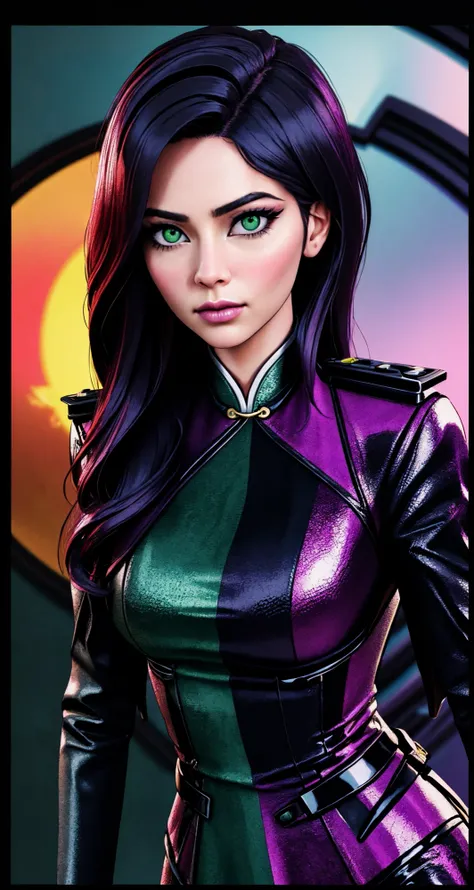 RAW photo of woman, solo, alternate hair color, dark green eyes, flight attendant, close up, extreme close up, (realistic:1.3), (verism style:1.3),
([Zoe Saldana|Ashley Greene|Emily Blunt]:0.85), middle shot, 
[hanging breast],
masterpiece, professional, high quality, beautiful, amazing, synthwave, Flickr, chinese clothes, long hair, (3d:1.3),
[(colorful cloud rainbow gas paint colors:1.1)::0.1],
masterpiece, highres,  4k, detailed background, conscious, (smart:0.8),