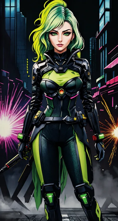 woman, solo, light green hair, dark green eyes, driver,  (realistic:1.3), (verism style:1.3),
([Candice Swanepoel|Denise Richards|Monica Bellucci]:0.85), middle shot, 
Veduta painting, [normal breast],
masterpiece, professional, high quality, beautiful, amazing, cyberpunk, ArtStation, hanten, big hair, ,
[:(colorful explosion psychedelic paint colors:1.1):0.05],
masterpiece, highres,  4k, detailed background, cold, (modular:0.8),