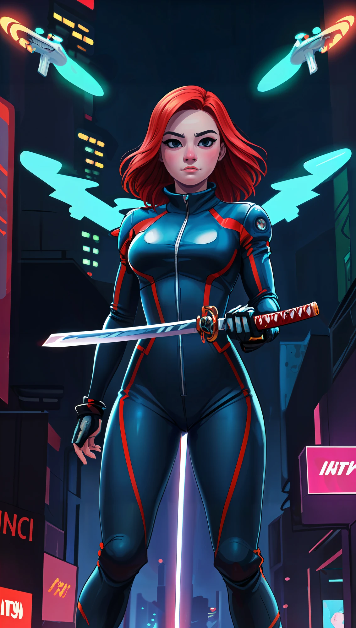 Best quality, masterpiece, closed mouth, realistic, red hair, blue eyes, full lips, Korean, straight hair, medium length, light skin, natural makeup, athletic body, wearing a red jumpsuit, standing in a futuristic city with neon lights, holding a katana sword with both hands, looking fiercely at the viewer while surrounded by flying drones.