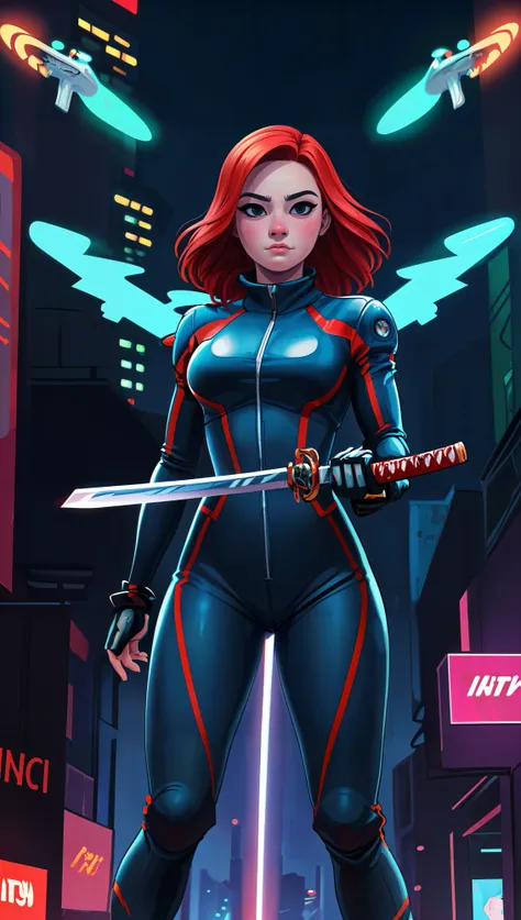 Best quality, masterpiece, closed mouth, realistic, red hair, blue eyes, full lips, Korean, straight hair, medium length, light skin, natural makeup, athletic body, wearing a red jumpsuit, standing in a futuristic city with neon lights, holding a katana sword with both hands, looking fiercely at the viewer while surrounded by flying drones.