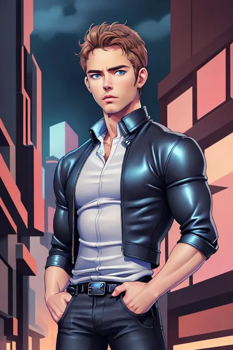 portrait, light brown hair, young JR Bourne face, short hair, very intense blue eyes, male focus, looking front, futuristic city in the background, hyperrealistic, black jacket, black jeans, white shirt, muscular,