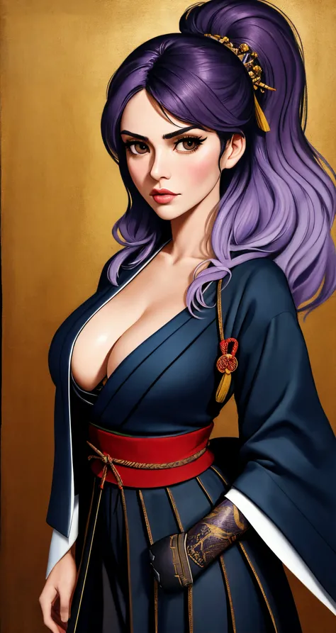 woman, solo, light purple hair, dark brown eyes, samurai, 
([person|Miranda Kerr|Katy Perry]:0.85), middle shot, ( [uodenim style|puffy lips]:0.8), 
Sfumato painting, [hanging breast],
masterpiece, professional, high quality, beautiful, amazing, weird west, Getty Images, Jerkin, big hair, 
masterpiece, highres,  4k, detailed background, overwrought, (glib:0.8), by Edward Lear, by William Michael Harnett,