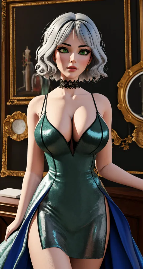woman, solo, grey hair, green eyes, mechanic, 
([person|Emma Stone|Monica Bellucci]:0.85), middle shot, ( [cherrmous style|stanleylau style]:0.8), 
3D VR painting, [perky breast],
masterpiece, professional, high quality, beautiful, amazing, victorian, unsplash, Prom Dress, short hair, 
masterpiece, highres,  4k, detailed background, gigantic, (honorable:0.8), by April Gornik, by Artemisia Gentileschi,