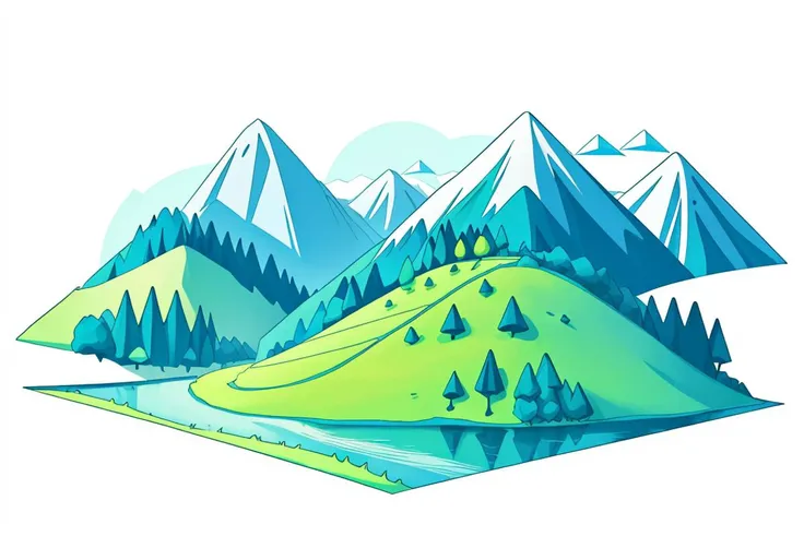low-poly style of a lush summer landscape with hills a stream and a lake, white background with negative space, negative space, vibrant colors