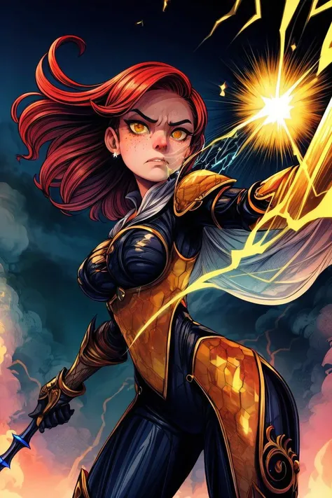 Low Angle View, Close-up photo of pureerosface_v1 bee queen, the red haired freckled goddess of bees, wearing a hexagon inspired translucent reinforced Armor and a detailed, ornate spear that glows with a golden-amber high voltage gemstone with Electrical sparks and lightning honey-flashes, (cowboy shot:1.3), swirls of honey in the Air, liquid golden floating Strings, deep blacks, In an aggressive, combat-ready stance, she leans forward, glaring at the viewer with intense, threatening eyes. Her aura of anger and honey emanates a powerful shockwave. atmospheric haze, Film grain, very detailed, <lora:raphb_ratings:1.0> <lora:add_detail:2.0>