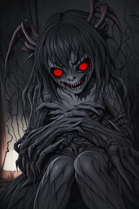 horror art, (sitting in a dark room) being stalked by a terrifying monster (behind her) with large claws and sharp teeth, photorealistic, dark, very detailed, horror, Eerie, unsettling, dark, spooky, suspenseful,4k, 8k uhd, hr, hdr, ultra-detailed,