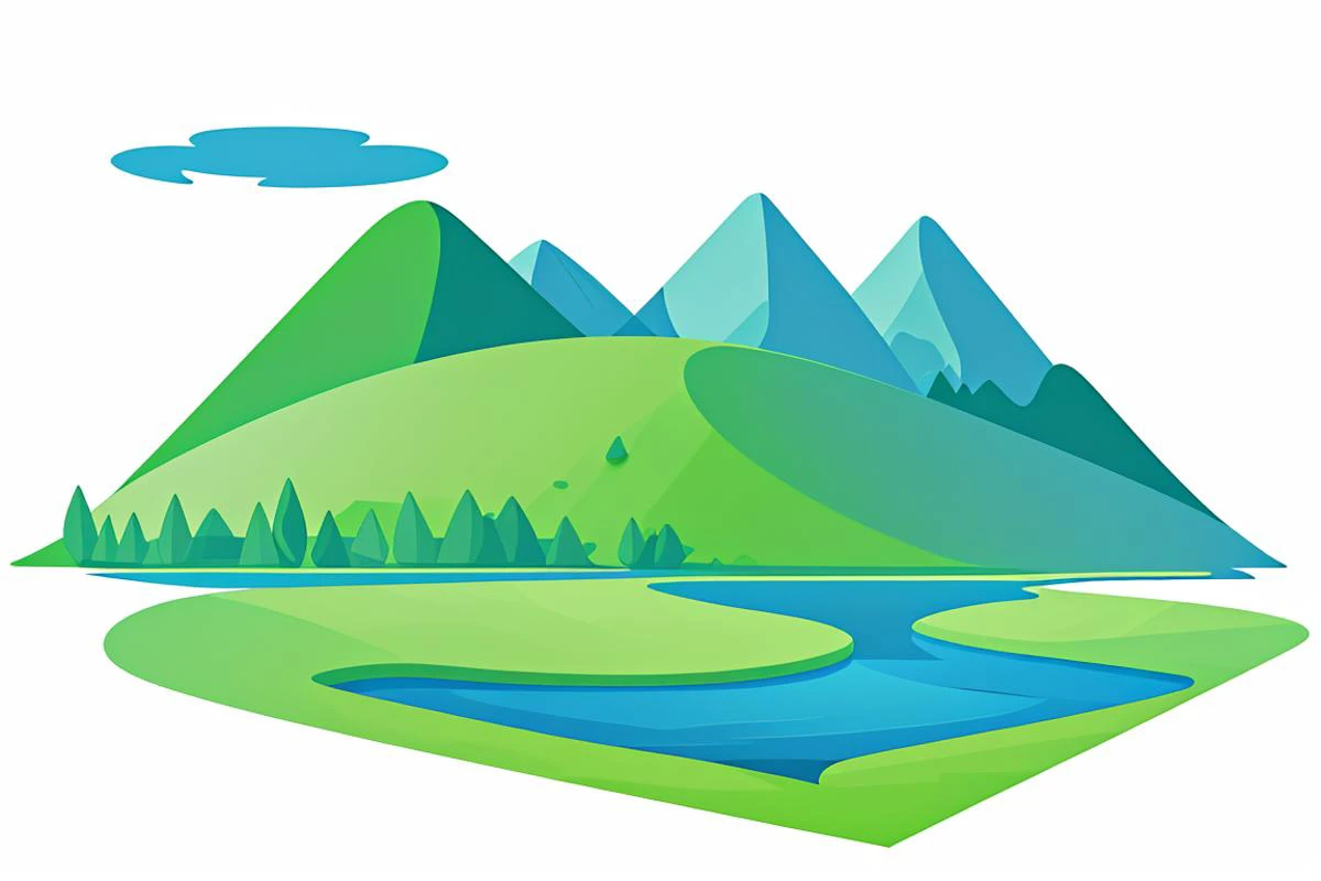 low-poly style of a lush summer landscape with hills a stream and a lake, white background with negative space, negative space, vibrant colors