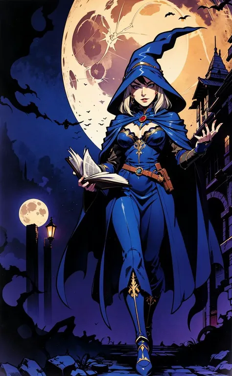 Wide shot of Anna Millerstone as a Dark evil witch, big moon in the background, dramatic lighting, book cover by Albert Bierstadt, yoji shinkawa, 4k, digital art, concept art, Trending on Getty Images on artstation