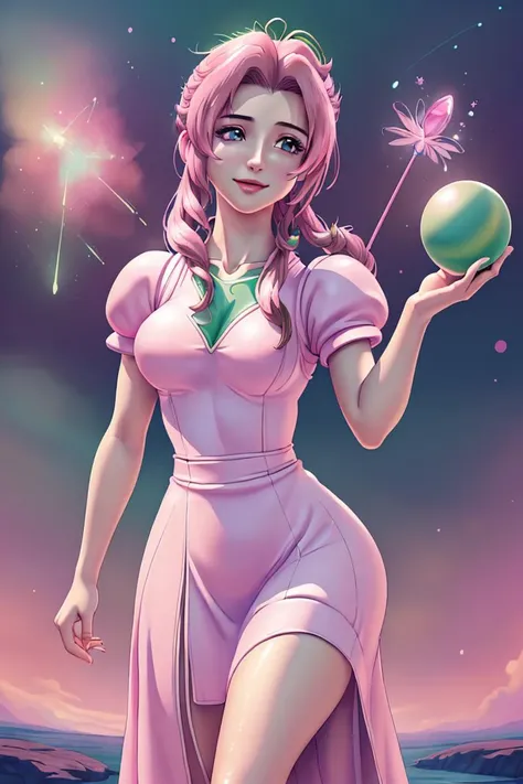(magic sparks, mage, cosmos, Aerith, Aeris, hold green magic ball, pink dress, final fantasy vii, fantasy:1.3), 1girl, smile, looking at viewer, (intricate details), 8k uhd, dslr, soft lighting, high quality, cinematic lighting, extremely detailed CG unity 8k wallpaper, masterpiece, finely detailed beautiful eyes, backlight, intense gaze, cinematic lighting, detailed face and body, award-winning, (8k, RAW photo, best quality, masterpiece:1.2), ultra-detailed, (high detailed skin:1.2), art by Grzegorz Rutkowski