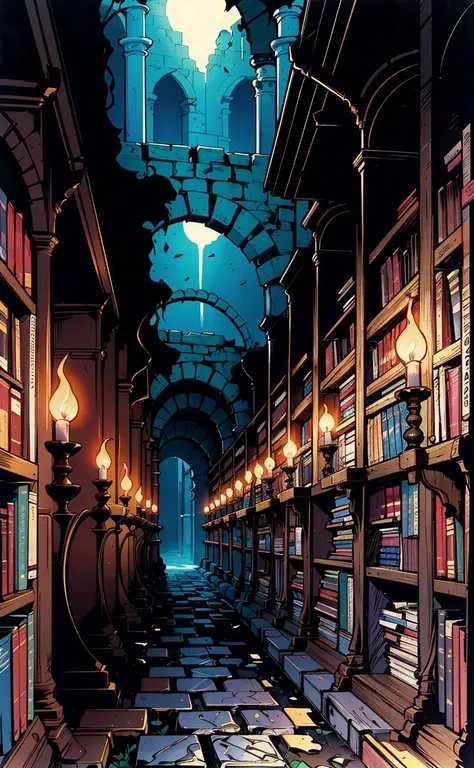 Stefan Koidl's painting of a deep dark creepy victorian corridor with bookshelves everywhere and two candles. 4k, octane, digital painting, artstation, concept art, sharp focus, illustration, art by artgerm and greg rutkowski and alphonse mucha.