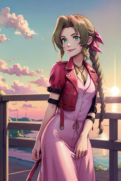 Aerith Gainsborough, pink dress, green eyes, yellow flowers, red leather jacket, Final Fantasy VII, (best quality, masterpiece:1.4), ultra high res, sunrise, midgar, sunshine, smile, urban<lora:aerith-nvwls-v1-final:1><lora:aerith-nvwls-v1-final:1><lora:aerith-nvwls-v1-final:1><lora:aerith-nvwls-v1-final:1>