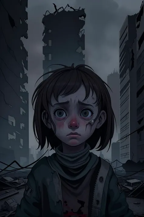 portrait of a alone in the middle of a destroyed post-apocalyptic city, staring straight ahead, staring blankly, photorealistic, 8k, hyper-detailed, sad, horror, cinematic light,