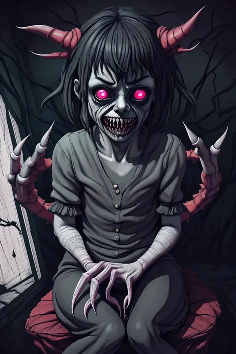 horror art, (sitting in a dark room) being stalked by a terrifying monster (behind her) with large claws and sharp teeth, photorealistic, dark, very detailed, horror, Eerie, unsettling, dark, spooky, suspenseful,4k, 8k uhd, hr, hdr, ultra-detailed,